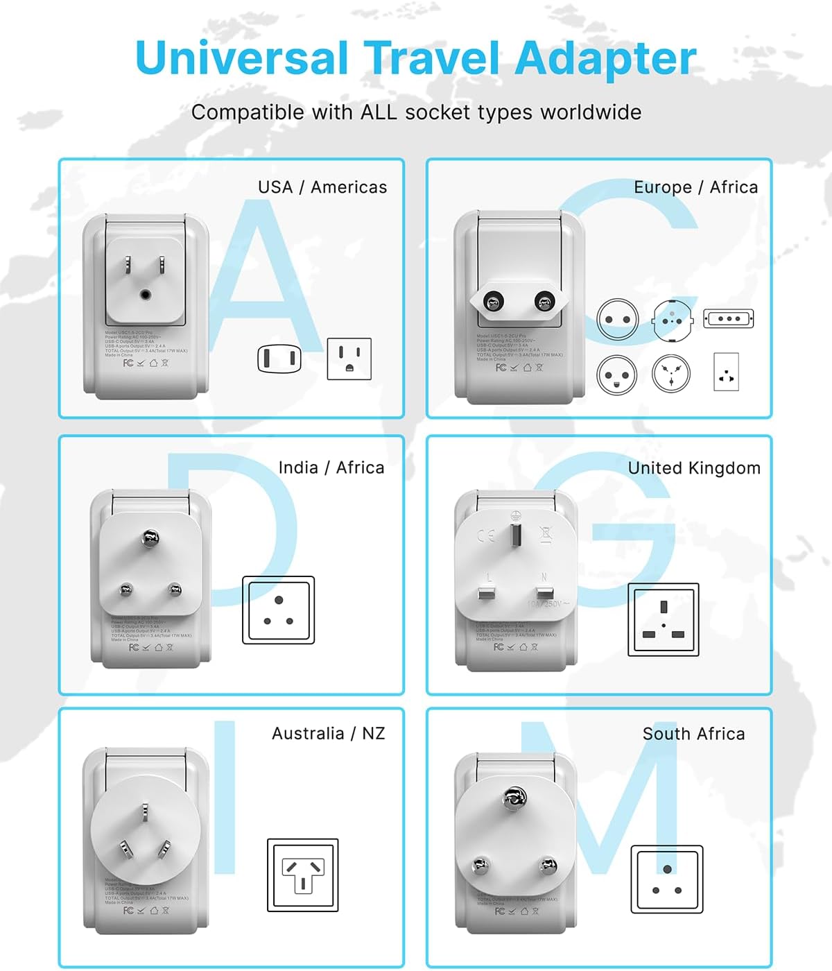 VINTAR Universal Travel Adapter Kit, 3ft Detachable Extension Cord with 4 AC Outlets & 3 USB(2 USB