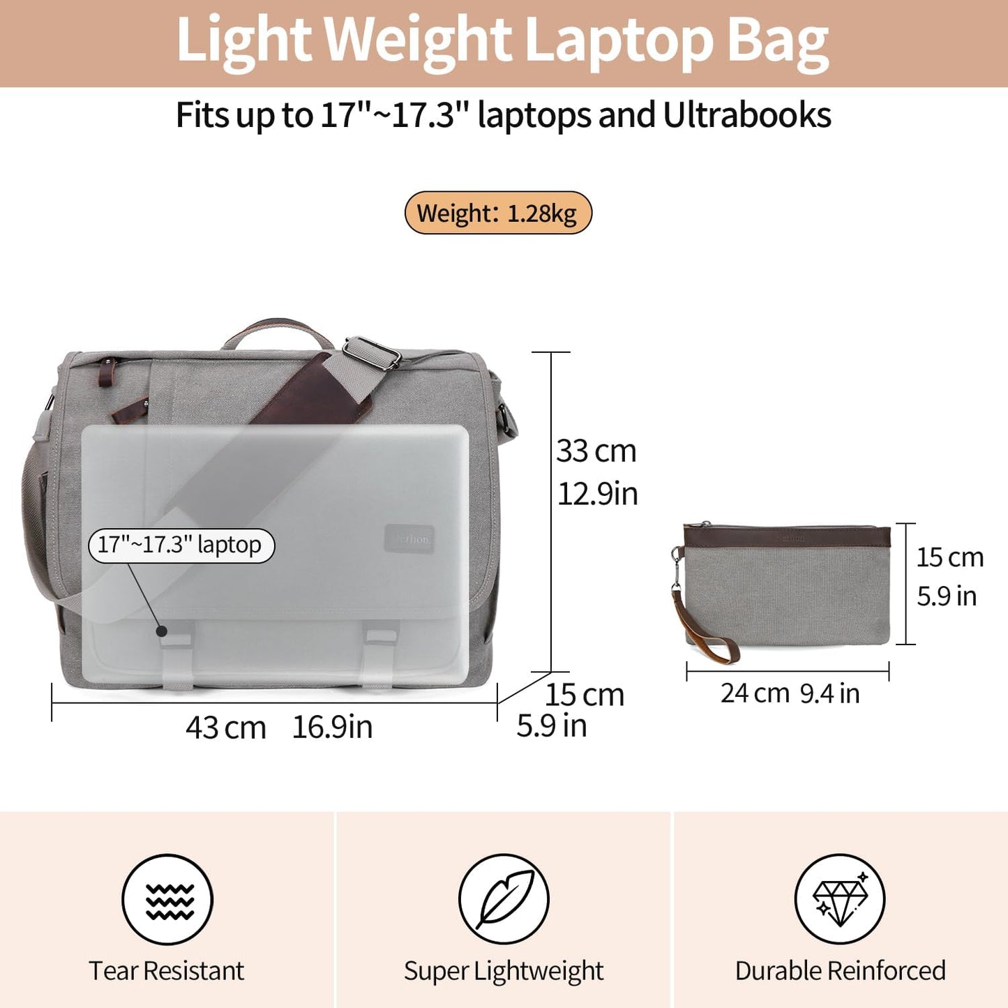 Nerlion Messenger Bag for Men 17-17.3 Inch Laptop Bag Canvas Water-resistant Computer Bag Shoulder Bag Work Briefcase Bookbag for College (Light Gray)