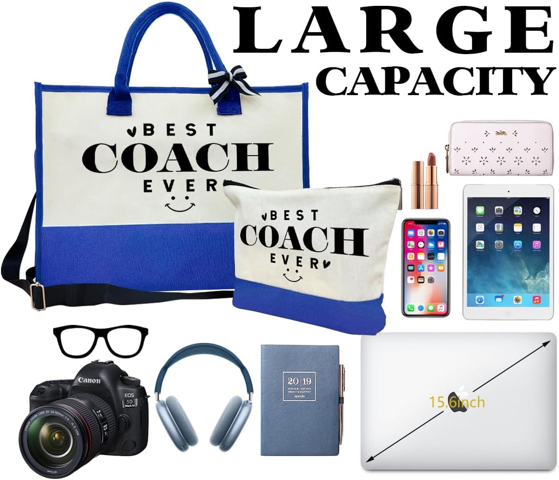 SUSZDOU Gifts for Best Coach Ever - Canvas Beach Tote Bag with Matching Makeup Pouch, Durable Travel Gym Camping Bag, Thank You Gift for Sports Coach, Female Trainers Gifts for Women G1