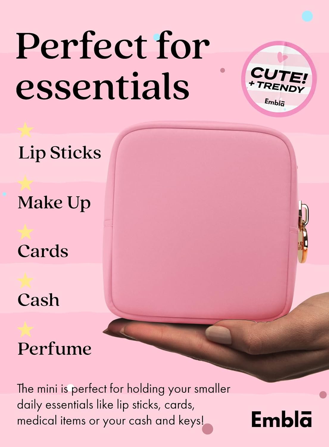 Embla Makeup Bag Travel Cosmetics Pouch and Toiletry Bag, Nylon Zipper Pouch Purse, Cute Make Up Organizer Storage Tote for Women Girls, Travel Skincare Case, Small Makeup Bags, Flamingo Pink