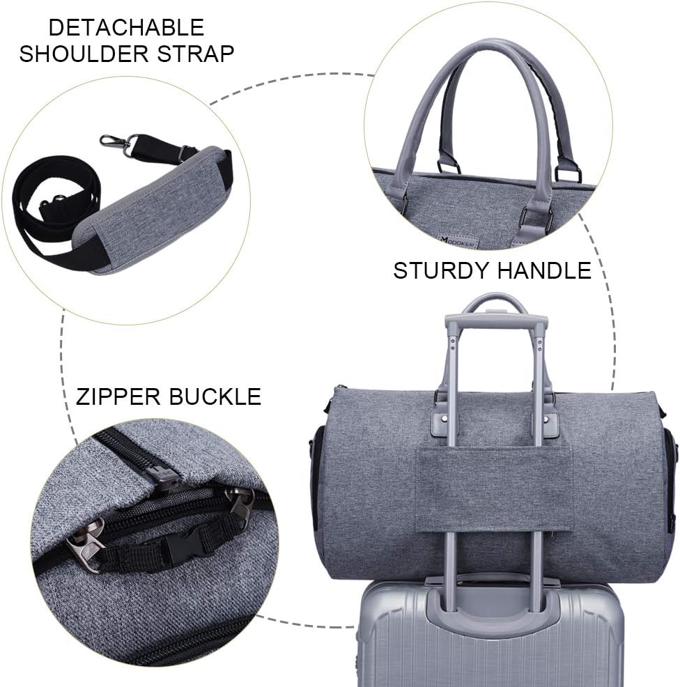 Modoker Convertible Garment Bag with Toiletry Bag, Carry On Garment Duffel Bag for Men Women Travel, Multi-Function Suit Bag 2 in 1 Hanging Suitcase, Grey