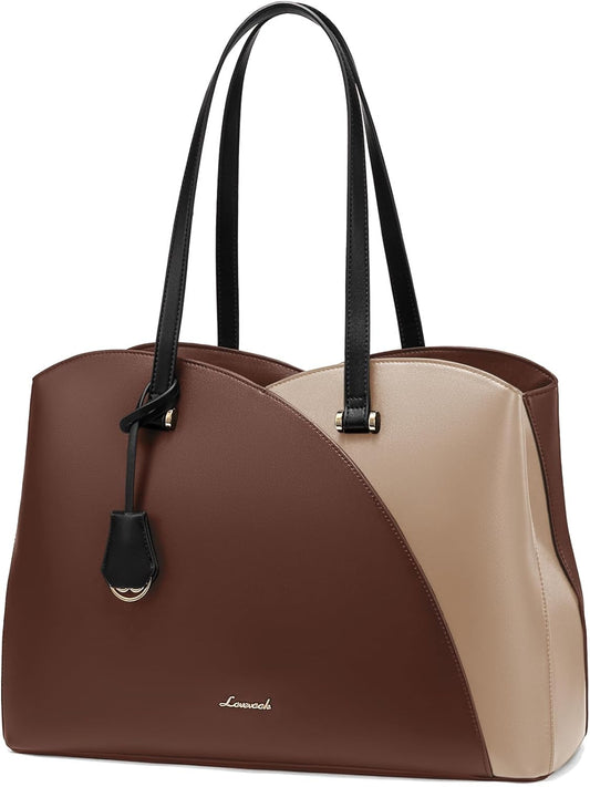 LOVEVOOK 17 Inch Laptop Tote Bag for Women, Work Bags Laptop Bag Teacher Tote Bag, Leather Computer Bag Large Purses Handbag Professional Briefcase, Coffee-Light Brown-Black