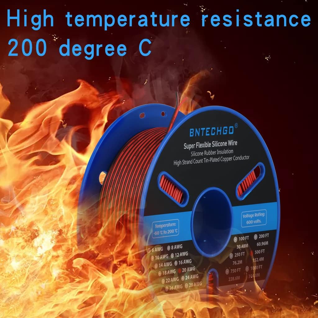 BNTECHGO 20 Gauge Flexible 2 Conductor Parallel Silicone Wire Spool Red Black High Resistant 200 deg C 600V for Single Color LED Strip Extension Cable Cord,Model,500ft Stranded Tinned Copper Wire