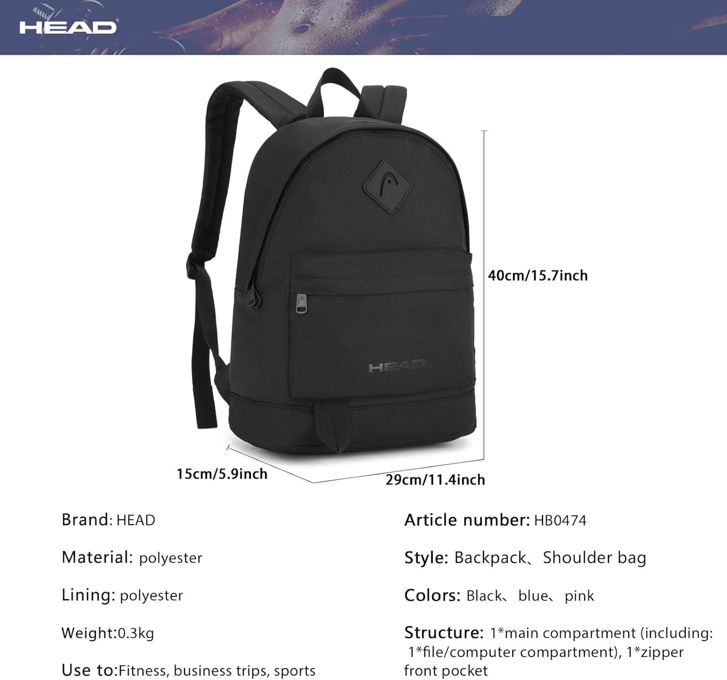 HEAD Waterproof Travel Backpack for Women & Men, Small Lightweight Backpacks for Sport/Gym/Fitness/Work/Daily, Casual Daypack Backpack for 15.6 inch Laptop