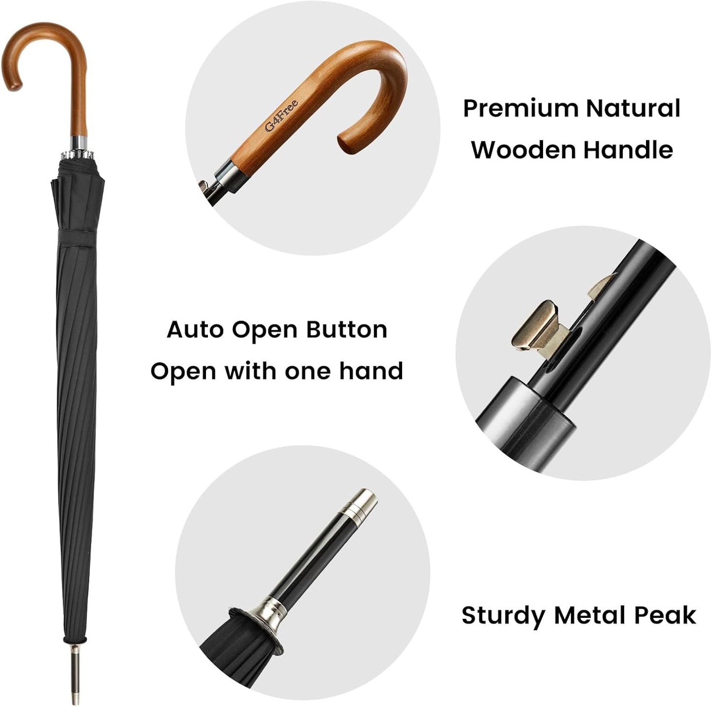 G4Free 54 Inch Large Windproof Umbrella for 2 Persons, 16 Ribs Auto Open Classic Wooden J Handle Cane Stick Golf Rain Umbrellas for Men Women Travel 120cm