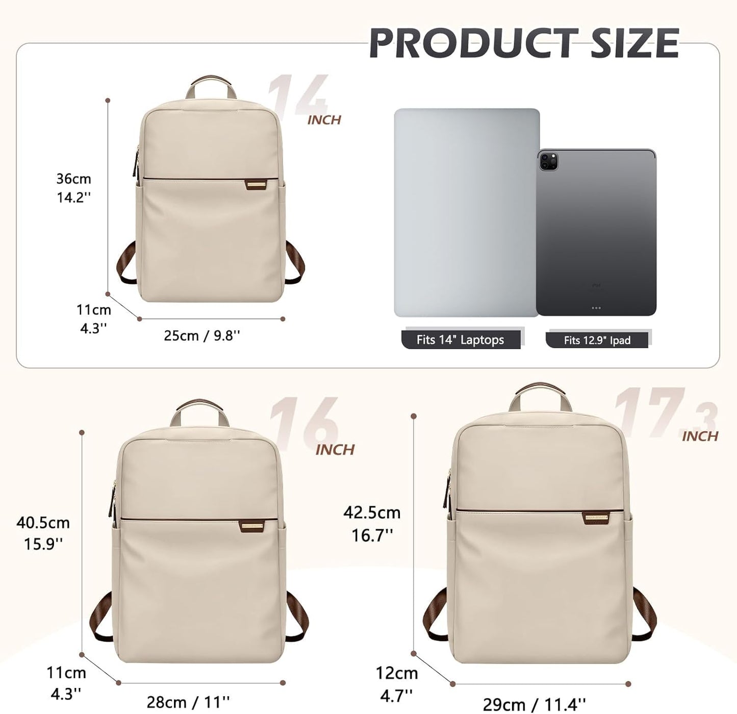 Slim Laptop Backpack for Women, Lightweight Business Backpack for Women Computer Bag Purse for Commuting, Fit 14Inch, Apricot