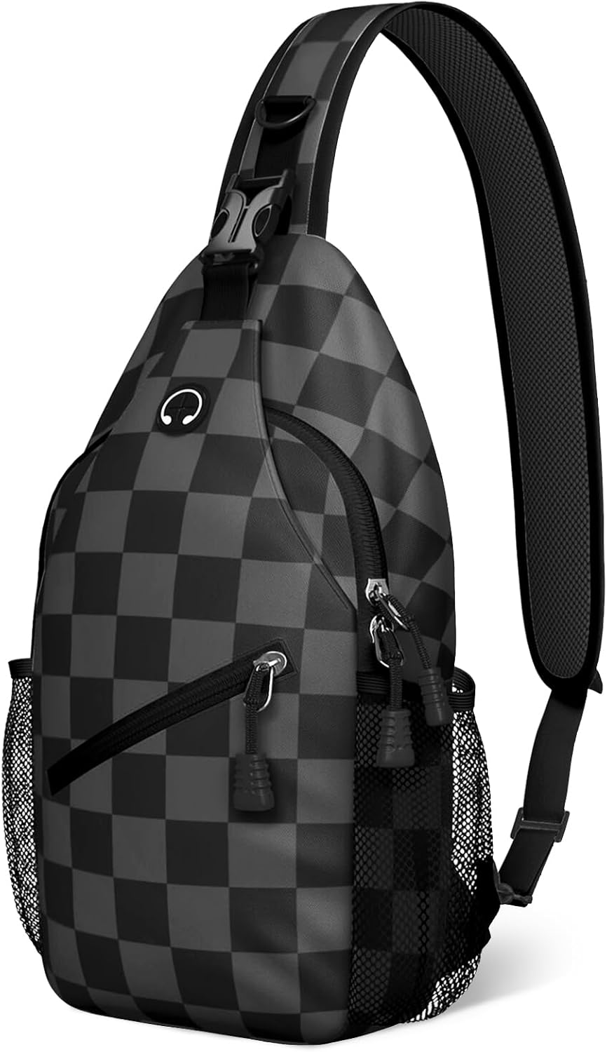 Gray Black Checkered Sling Bag Crossbody Chest Bag for Women Men,Water Resistant Lightweight Casual
