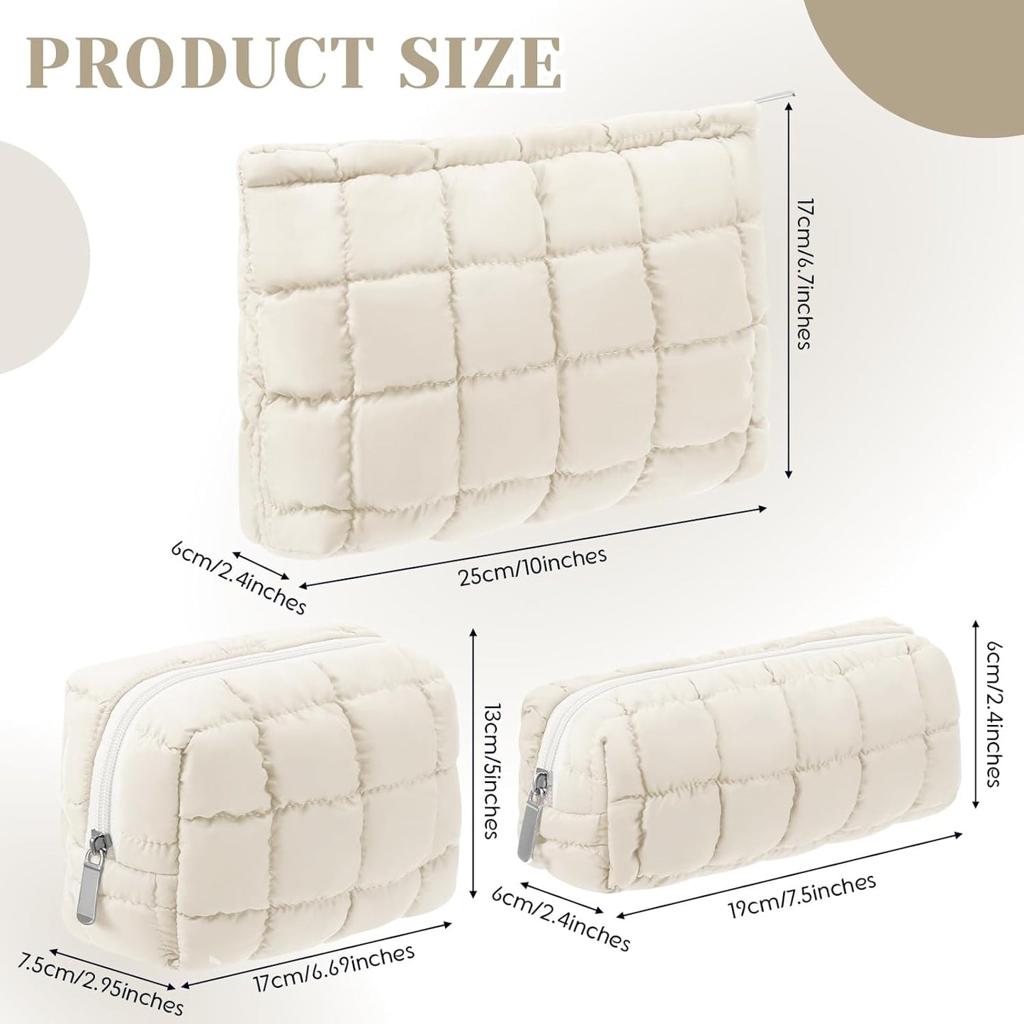 3 Pcs Puffy Makeup Bag Quilted Cosmetic Pouch for Women Cute Checkered Travel Toiletry Bag Puffer Makeup Organizer Purse Pouch Preppy Pencil Case with Zipper