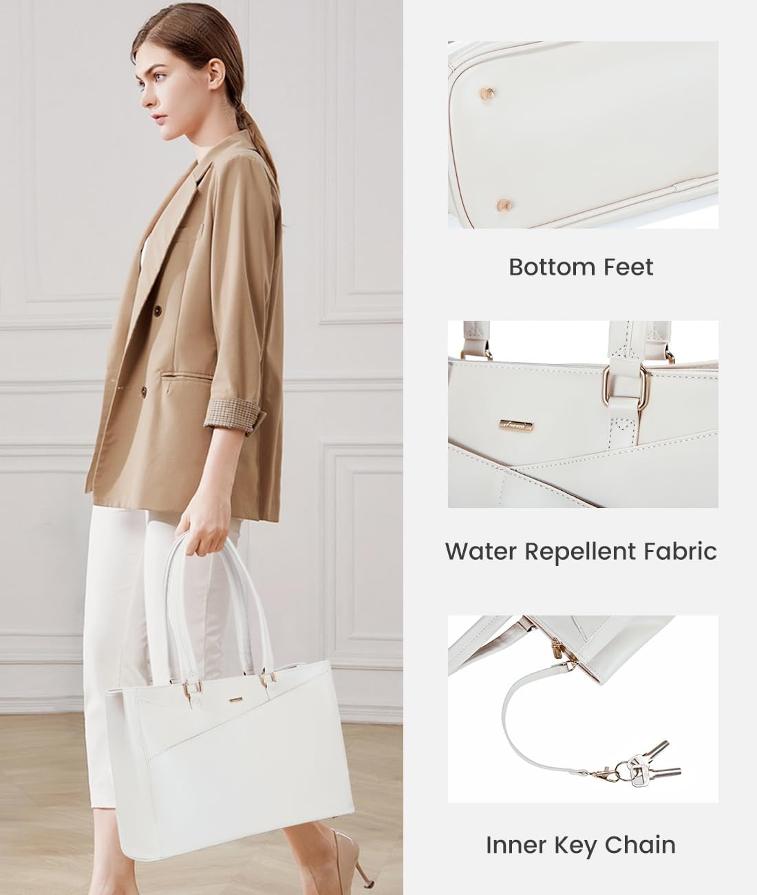 LOVEVOOK Laptop Bag for Women 15.6 Inch Tote Bags Waterproof Leather Briefcase Computer Women Business Office Work Bag,White