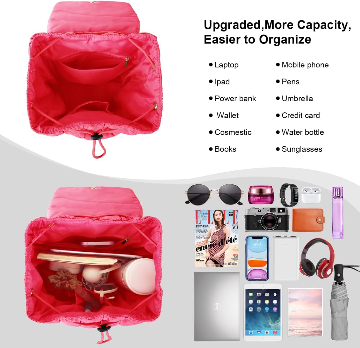 XSUIOY Quilted Backpack Purse for Women Small Lightweight Puffer Puffy College Laptop Backpack Nylon Casual Bookbag Daypack Top Flap Drawstring Padding Hiker Travel Gym Backpack(Rosered)