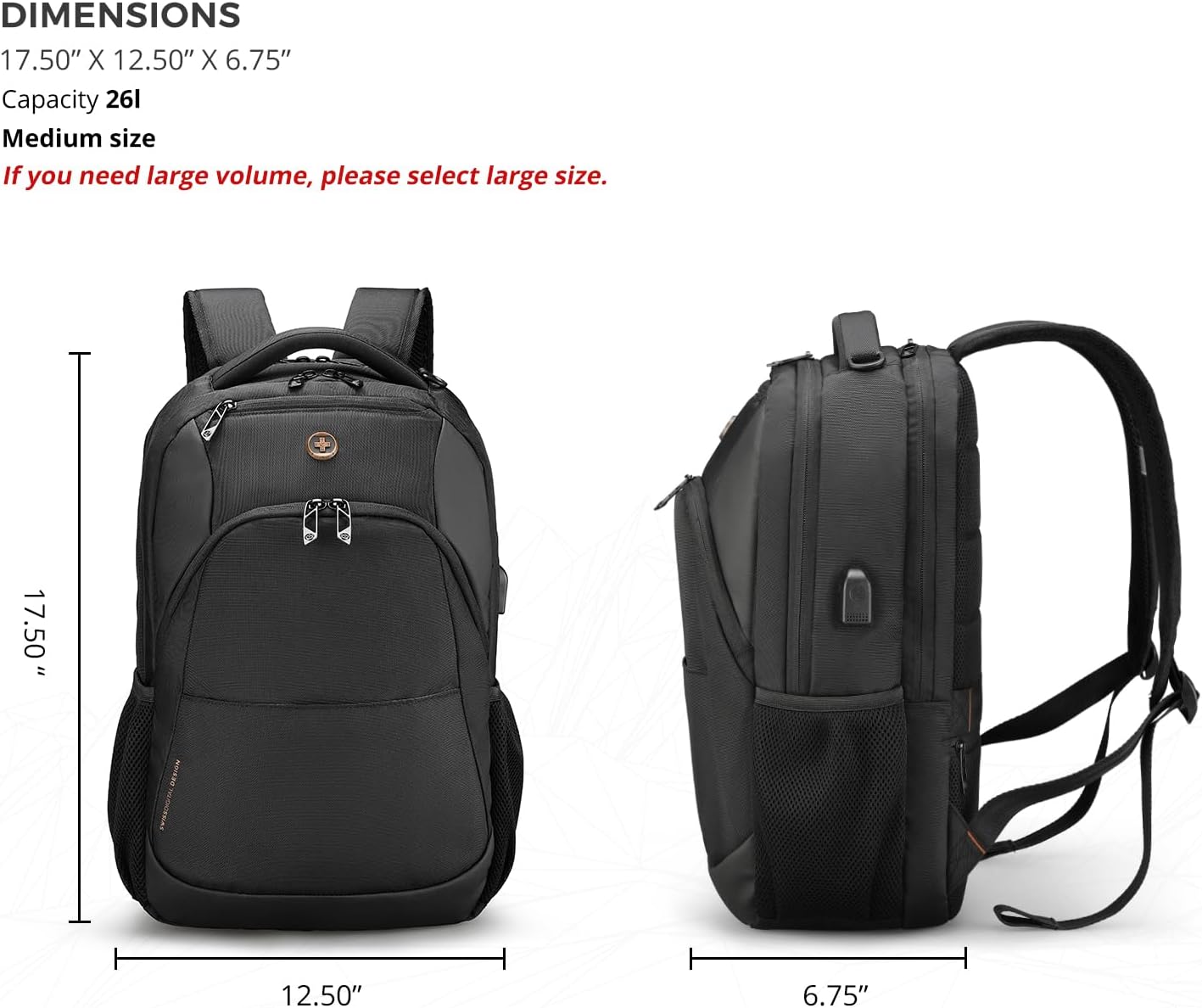 Swissdigital Design Travel Laptop Backpack, College Laptops Backpack with USB Charging Port for Men and Women Fits 16 Inch Notebook, Black | ANDWIL