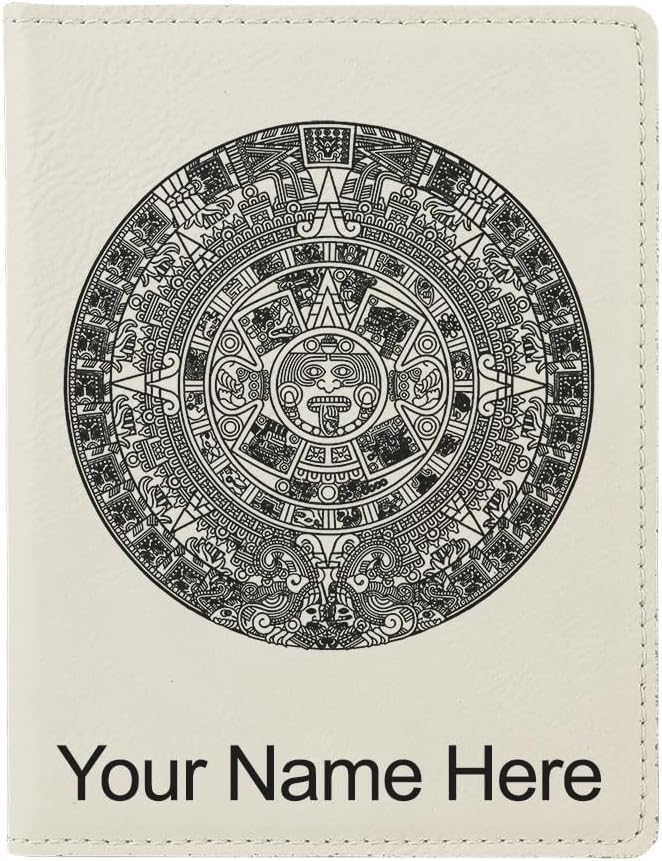 LaserGram Faux Leather Passport Holder, Aztec Calendar, Personalized Engraving Included (White)
