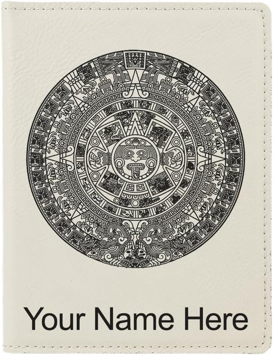 LaserGram Faux Leather Passport Holder, Aztec Calendar, Personalized Engraving Included (White)
