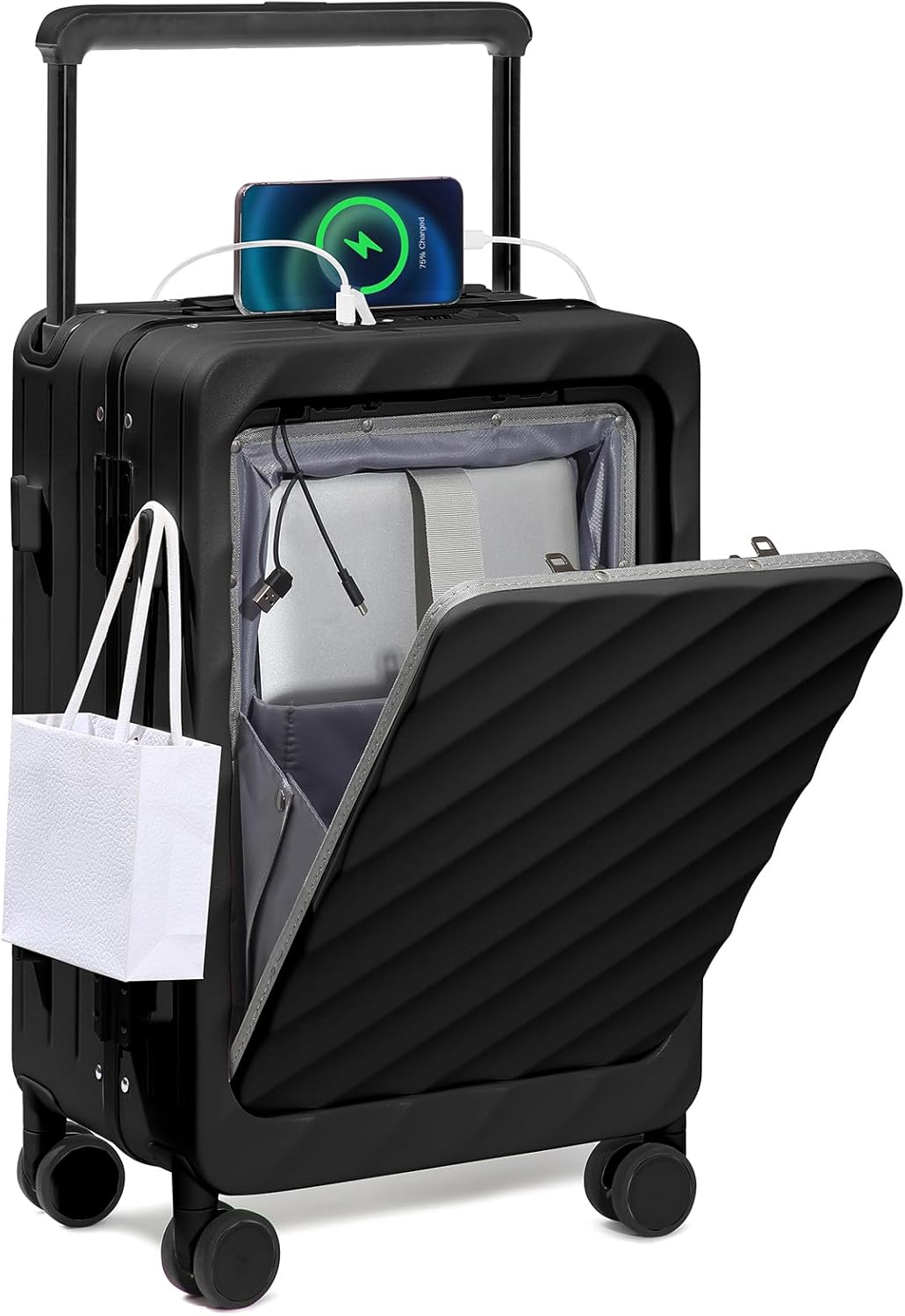 Somago Carry On Luggage Wide Handle 20 Inch Suitcase with Front Compartment Aluminum Framed PC Hardside 22x14x9 No Zipper Business Baggage with Spinner Wheels USB Charging Port TSA Lock (Black)