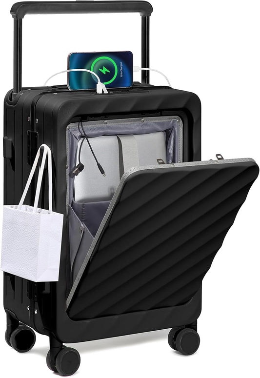 Somago Carry On Luggage Wide Handle 20 Inch Suitcase with Front Compartment Aluminum Framed PC Hardside 22x14x9 No Zipper Business Baggage with Spinner Wheels USB Charging Port TSA Lock (Black)