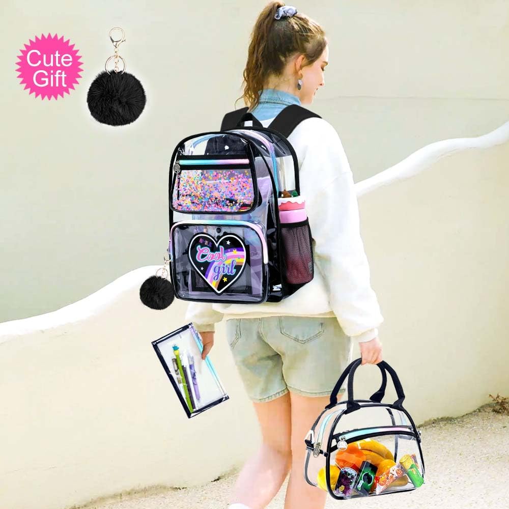3PCS Girls Clear Backpack Heavy Duty, Cute Sequins See Through School Bag with Handbag, Womens Purple Transparent Bookbag