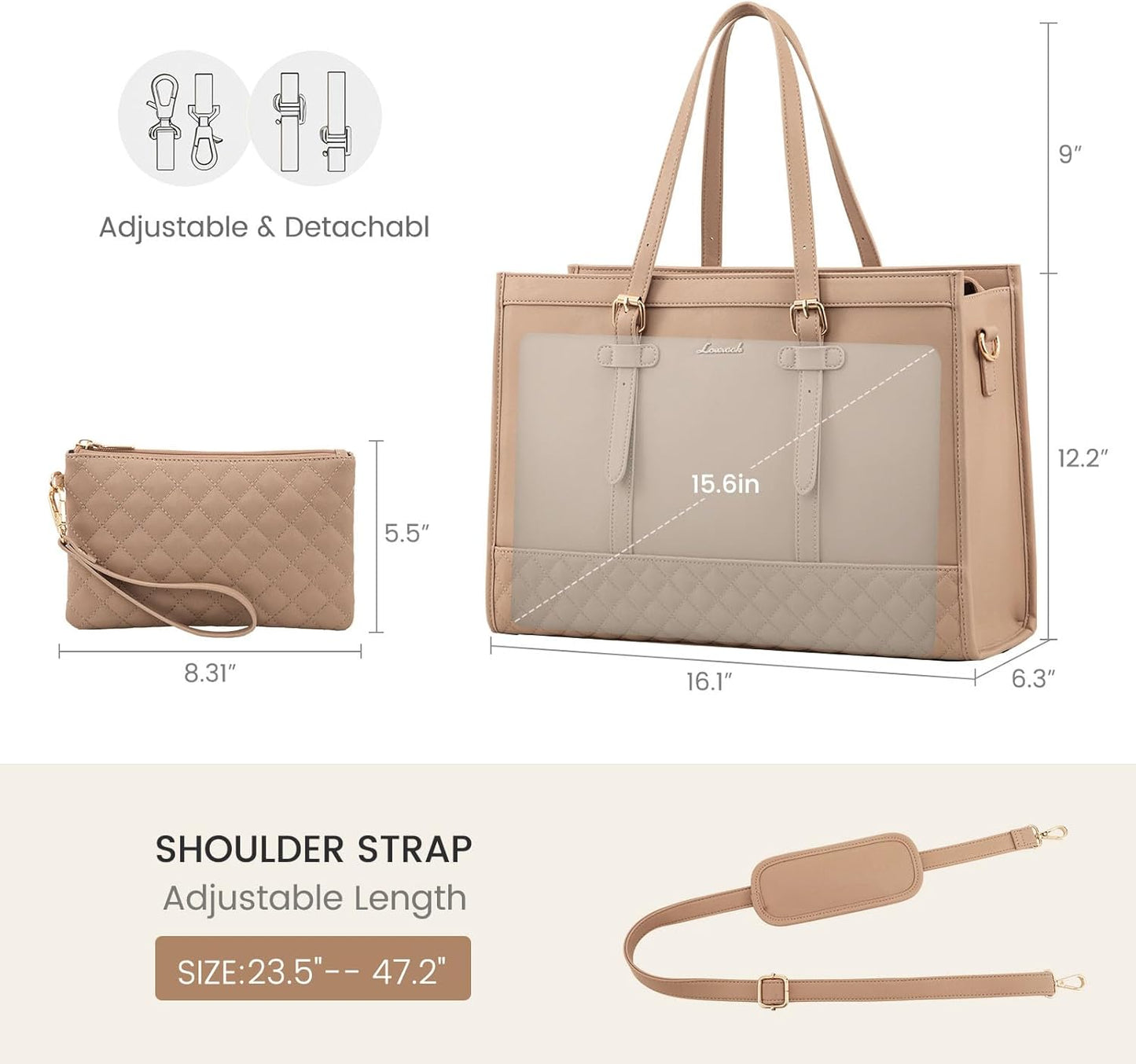 LOVEVOOK Fashion Laptop Tote Bag for Women, Khaki