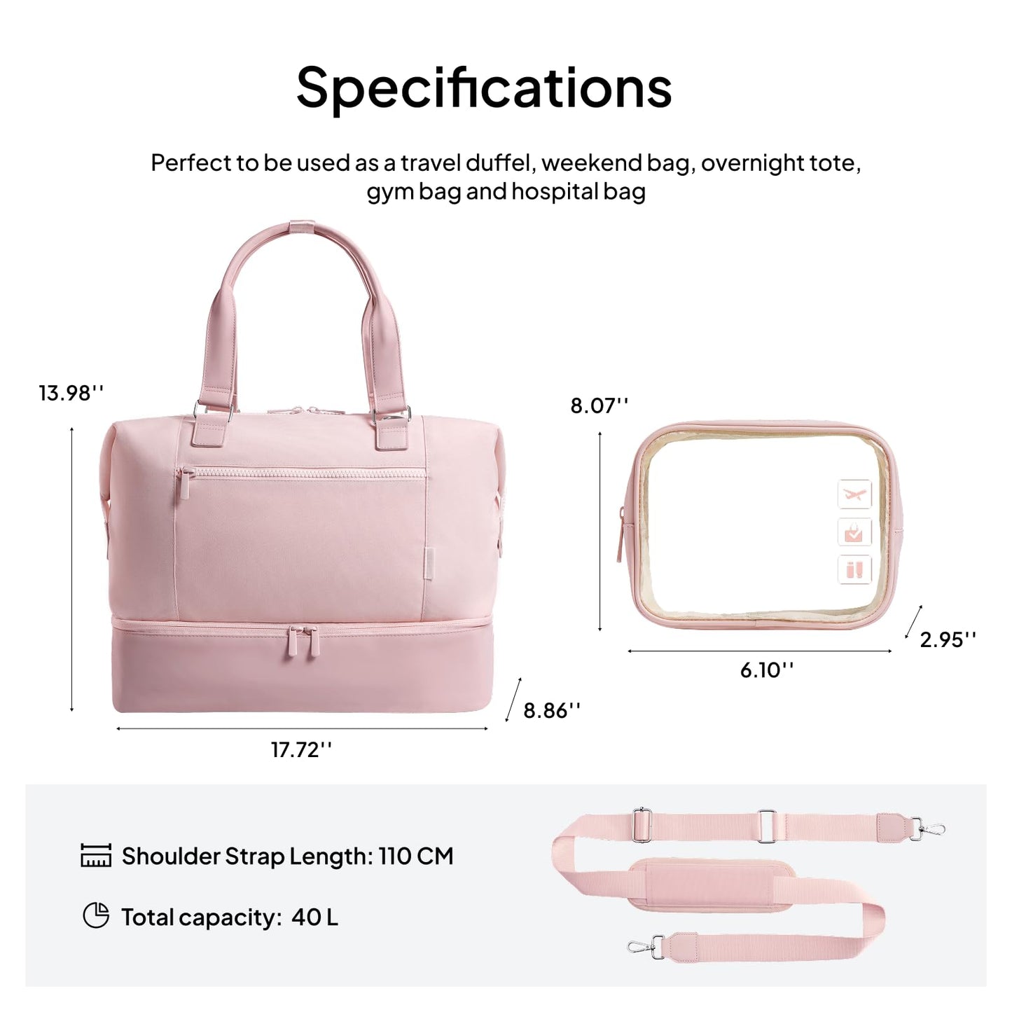 Travel Duffle Bag for Women, 40L Weekender Bags Airline Approved Carry On with Shoe Compartment &