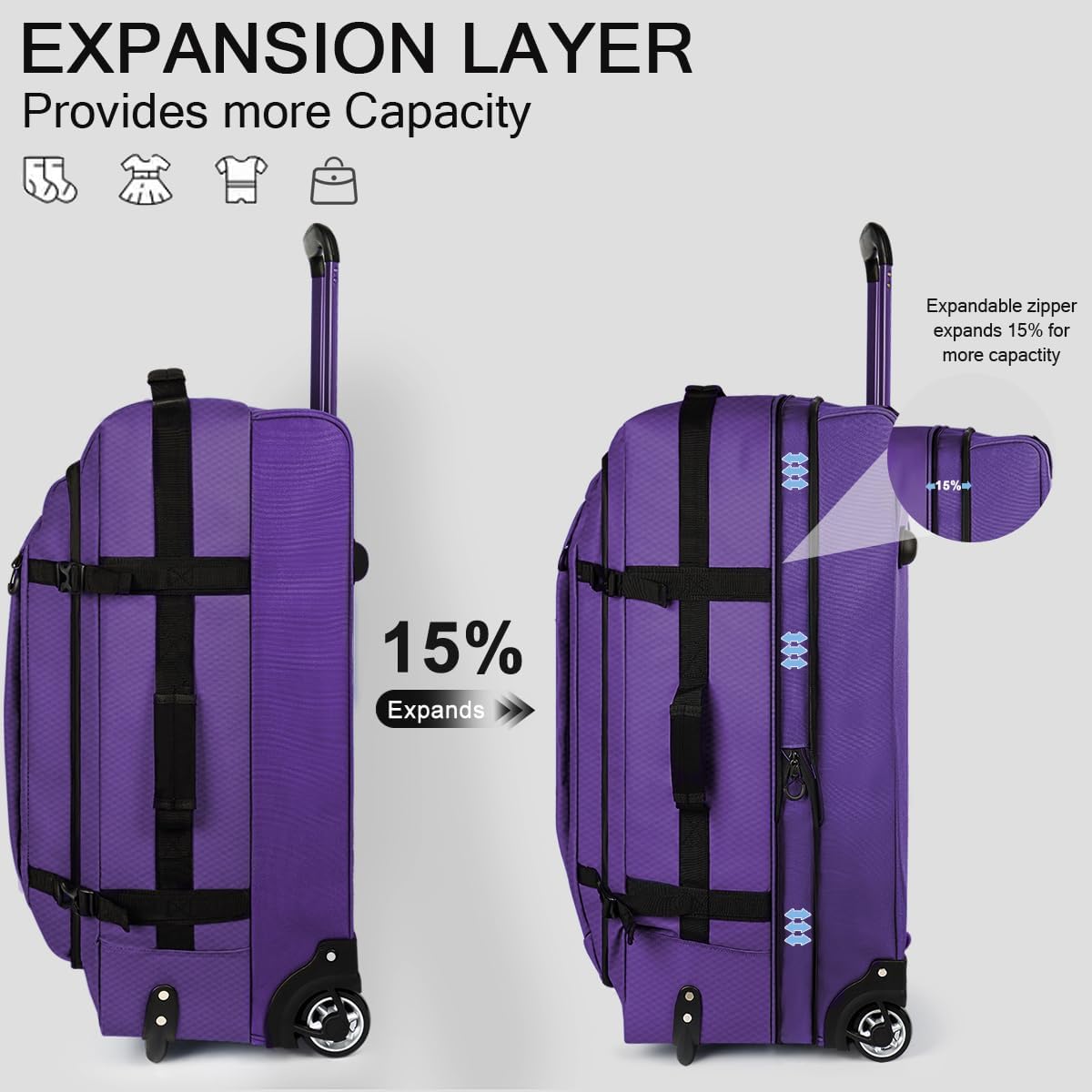 26'' Rolling Duffle Bag with Wheels,Rolling Duffle Bag w/Handle,Carry on Luggage Travel Duffle Bags for Man Women（26,Purple）