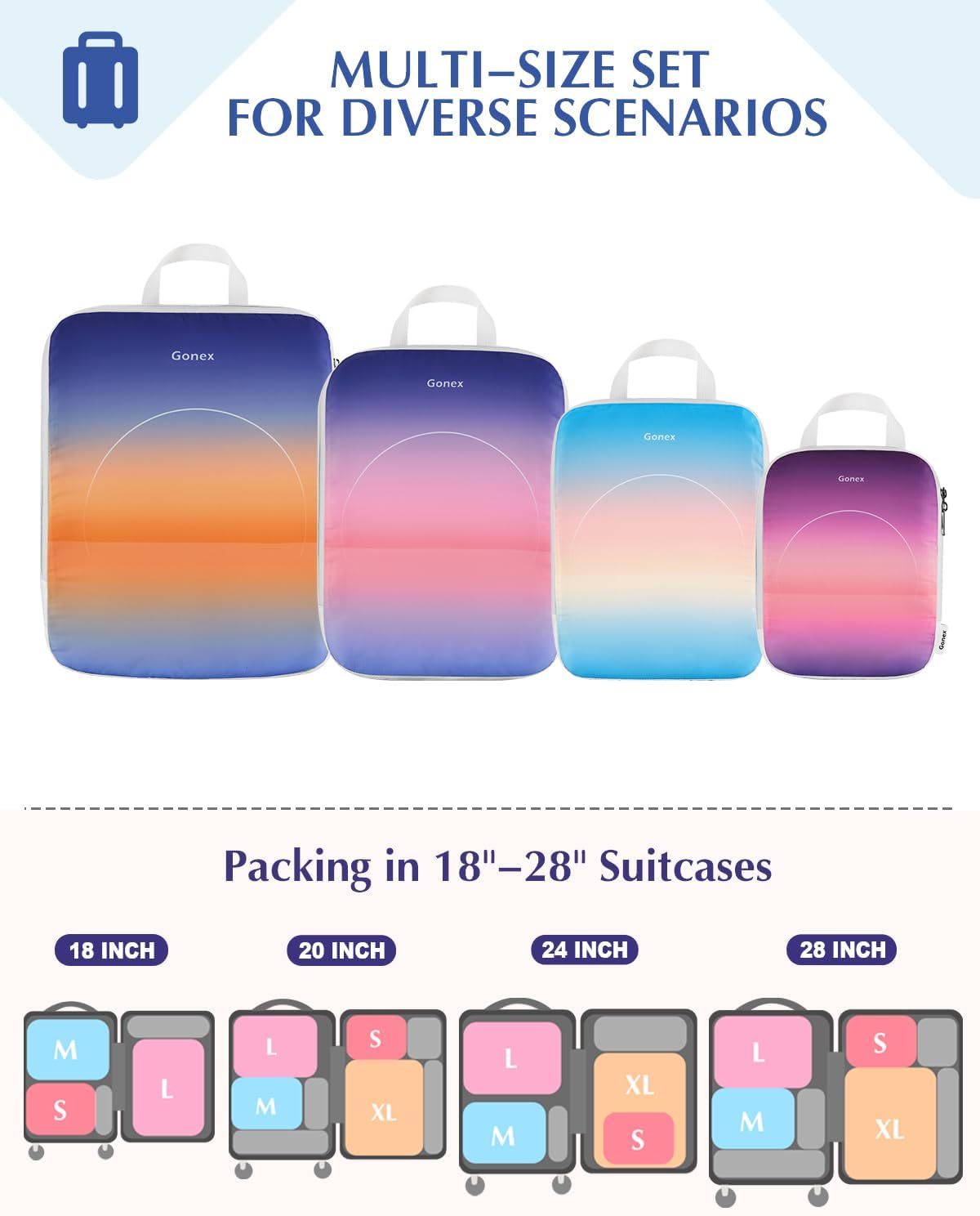 Gonex Compression Packing Cubes, 4pcs Expandable Storage Travel Luggage Bags Organizers, Travel Cubes for Suitcase Carry On (Gradient)