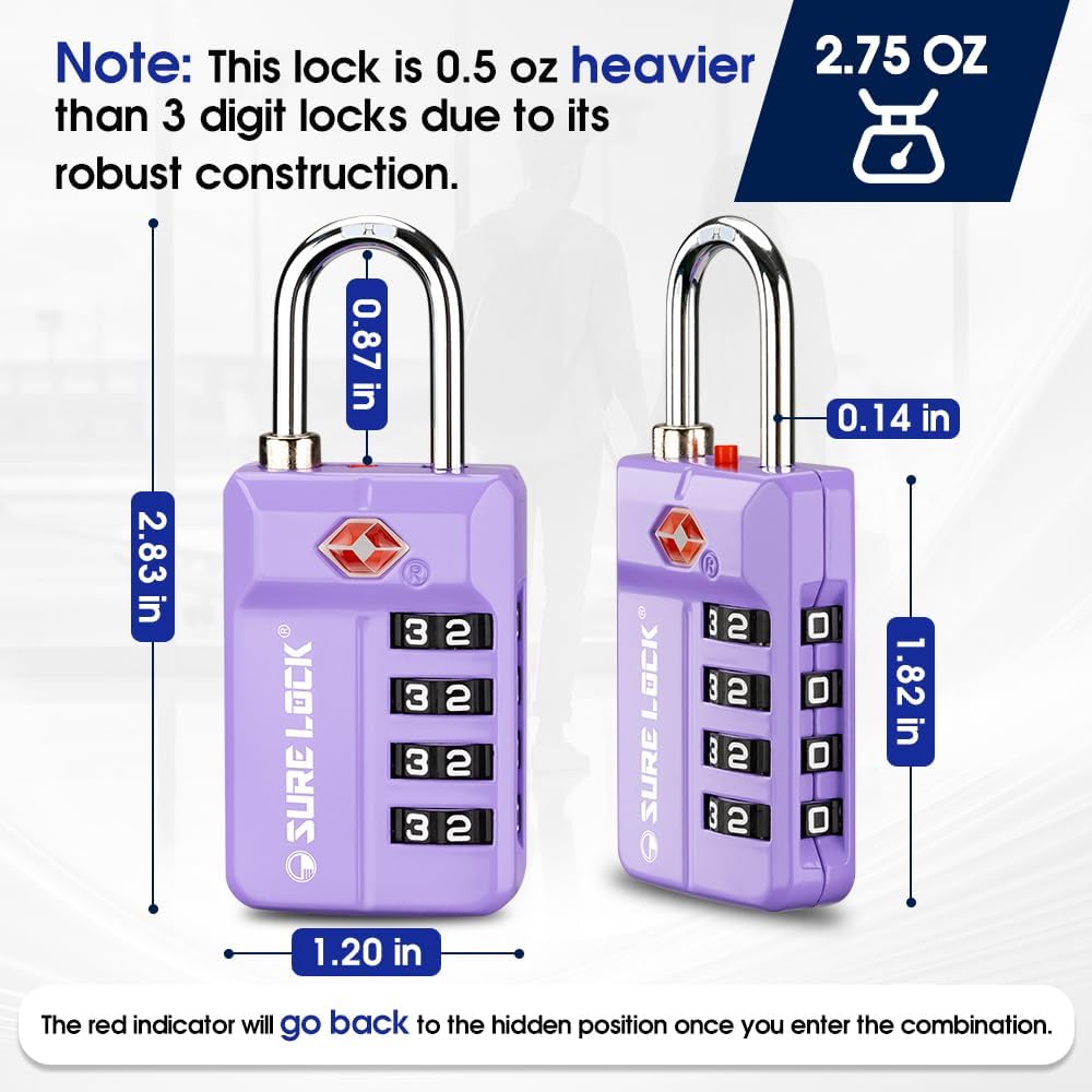 SURE LOCK TSA-Approved 4-Digit Resettable Combination Luggage Lock with Open Alert, Easy-Read Dials - for Luggage, School Lockers, Gym, Office, Toolbox & Security Cases (Purple 2 Pack)