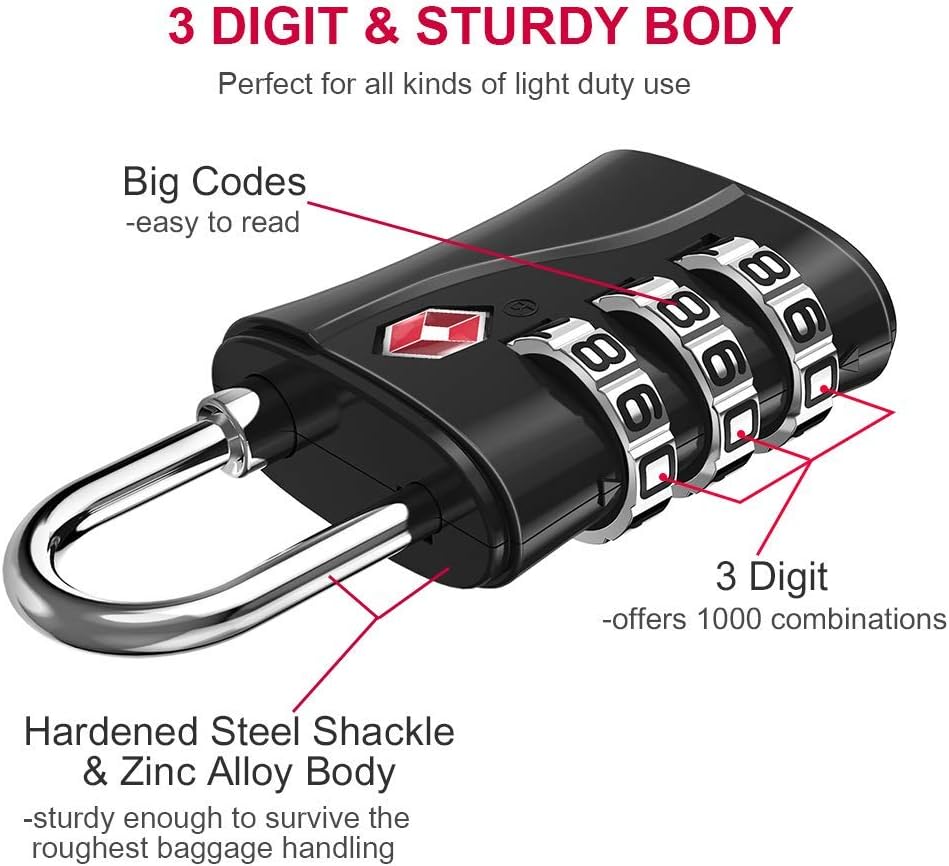 ZHEGE Suitcase Locks TSA Approved, 3 Digit Luggage Locks with Flexible Cable (30 in) for Travel, School & Gym Locker (Black, 2 Pack)