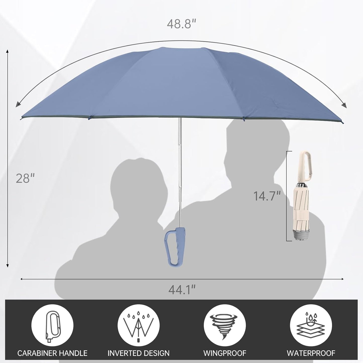 50in Inverted Folding Travel Umbrella – Windproof 10Ribs Upside Down Umbrella with Carabiner Handle, Rain Sun Protection for Women Men (Black)