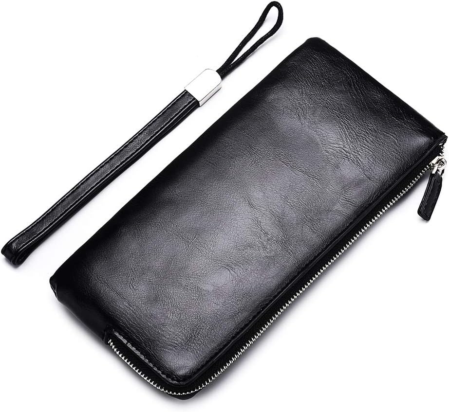 Minimalist Leather Wallets for Men Long Bifold Wallet Zip Around Clutch Travel Purse for Checkbook, Smartphone, Cash