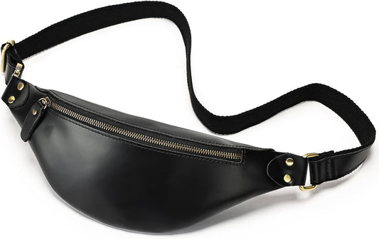 Vintage Genuine Leather Fanny Pack Small Waist Bag Travel Sling Pouch with Adjustable Leather Belt Black