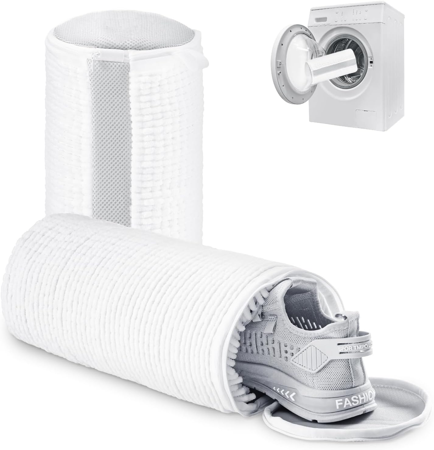 2PCS Reusable Shoe Wash Bags, White, Zipper Closure, Basic Style, 6.3" Diameter x 13" Length, Fits Most Shoe Sizes, Tearproof, Foldable, Expandable, Water Resistant