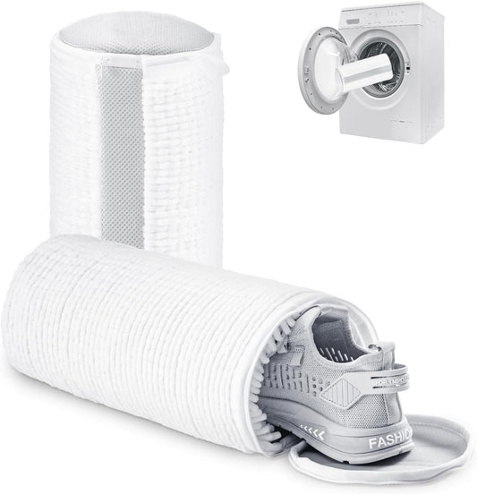 2PCS Reusable Shoe Wash Bags, White, Zipper Closure, Basic Style, 6.3" Diameter x 13" Length, Fits Most Shoe Sizes, Tearproof, Foldable, Expandable, Water Resistant