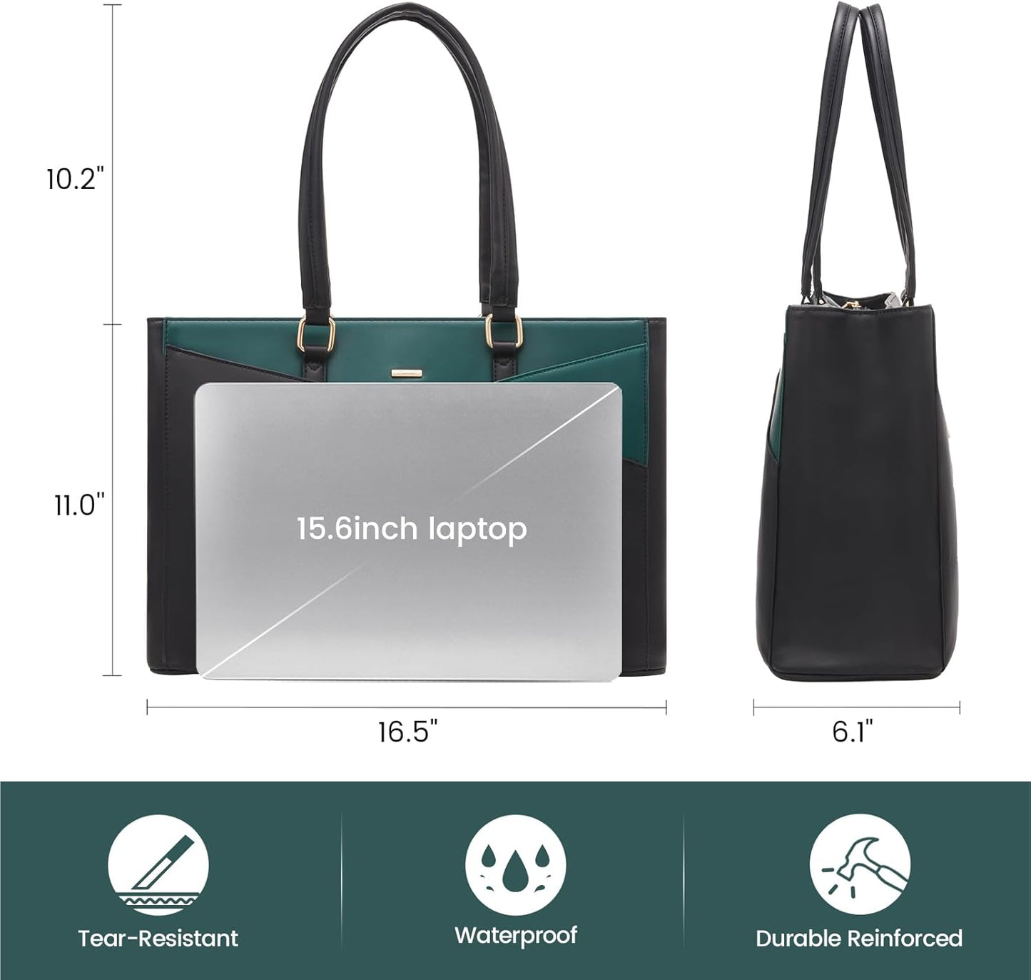 LOVEVOOK Laptop Bag for Women 15.6 Inch Tote Bags Waterproof Leather Briefcase Computer Women Business Office Work Bag,Black/Green