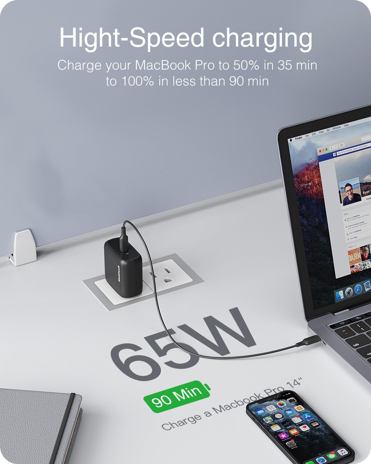 Nekteck 65W GaN II USB-C Fast Charger [USB-IF Certified] - PD 3.0 PPS, Foldable & Compact, 6.6ft Cable - Compatible with iPhone 15, MacBook Air/Pro, iPad, Galaxy S21/S20 & More