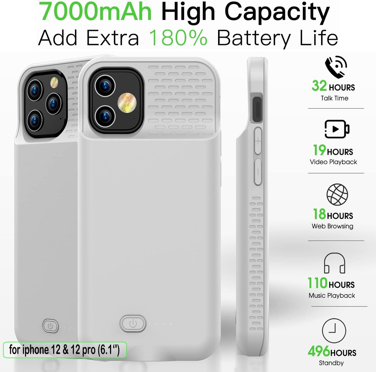 GIN FOXI Battery Case for iPhone 12 Pro Max, Real 7000mAh Ultra-Slim Battery Charging Case Rechargeable Anti-Fall Protection Extended Charger Cover for iPhone 12 Pro Max Battery Case(6.7 inch) Gray