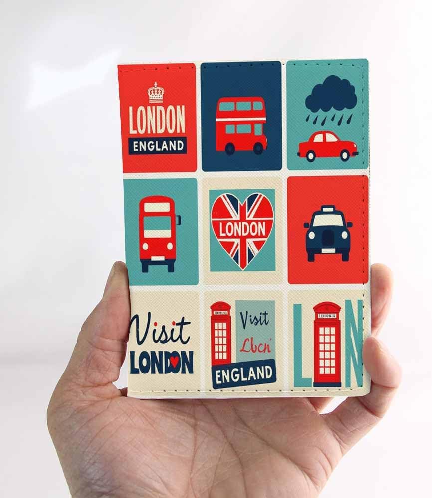 London Symbols Passport Holder for Travel Brtish England Flag Heart Design PU Leather Passport Cover Wallet Cute Passport Card Holder for Women and Men