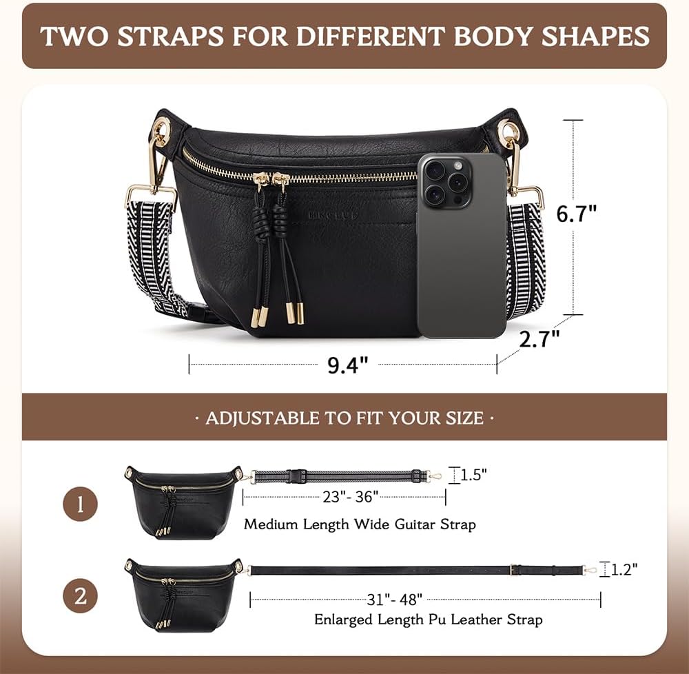 HKCLUF Fanny Pack Crossbody Bags for Women Pu Leather Belt Bag Waist Pack Causal Chest Bum Bag With 2 Straps