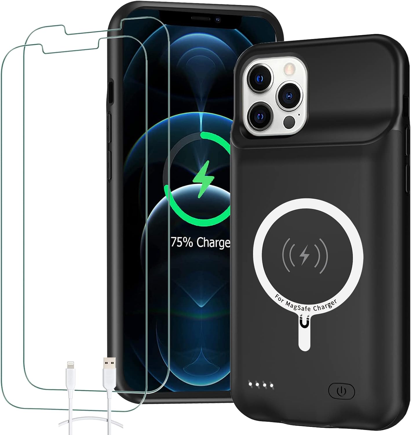 Battery Case for iPhone 12/12 Pro, 10000mAh High Capacity Rechargeable Portable Charger Case Extended Battery Pack Compatible with iPhone 12/12 Pro (6.1 inch) Wireless Charging Case with Carplay-Black