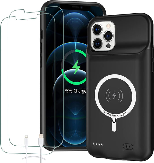 Battery Case for iPhone 12/12 Pro, 10000mAh High Capacity Rechargeable Portable Charger Case Extended Battery Pack Compatible with iPhone 12/12 Pro (6.1 inch) Wireless Charging Case with Carplay-Black