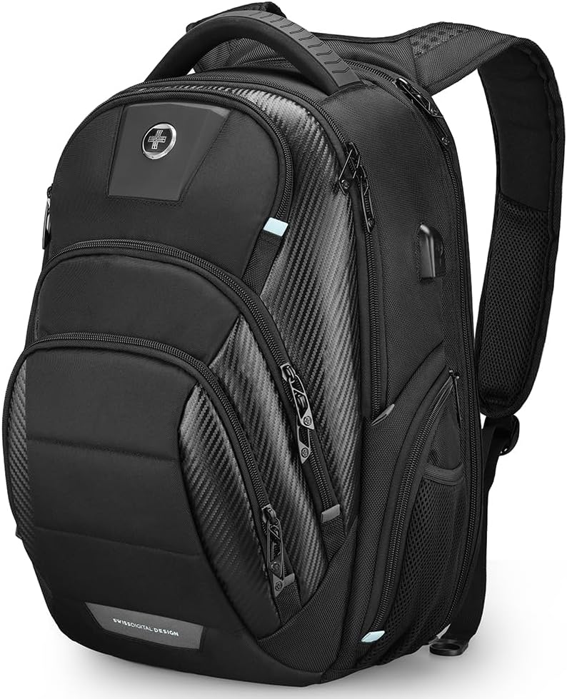 Swissdigital Design Men's 17 Inch Laptop Backpack with Apple Find My Network and USB Charging Port, Large Capacity Business Travel Backpack for College and Business | SD1643FB-01