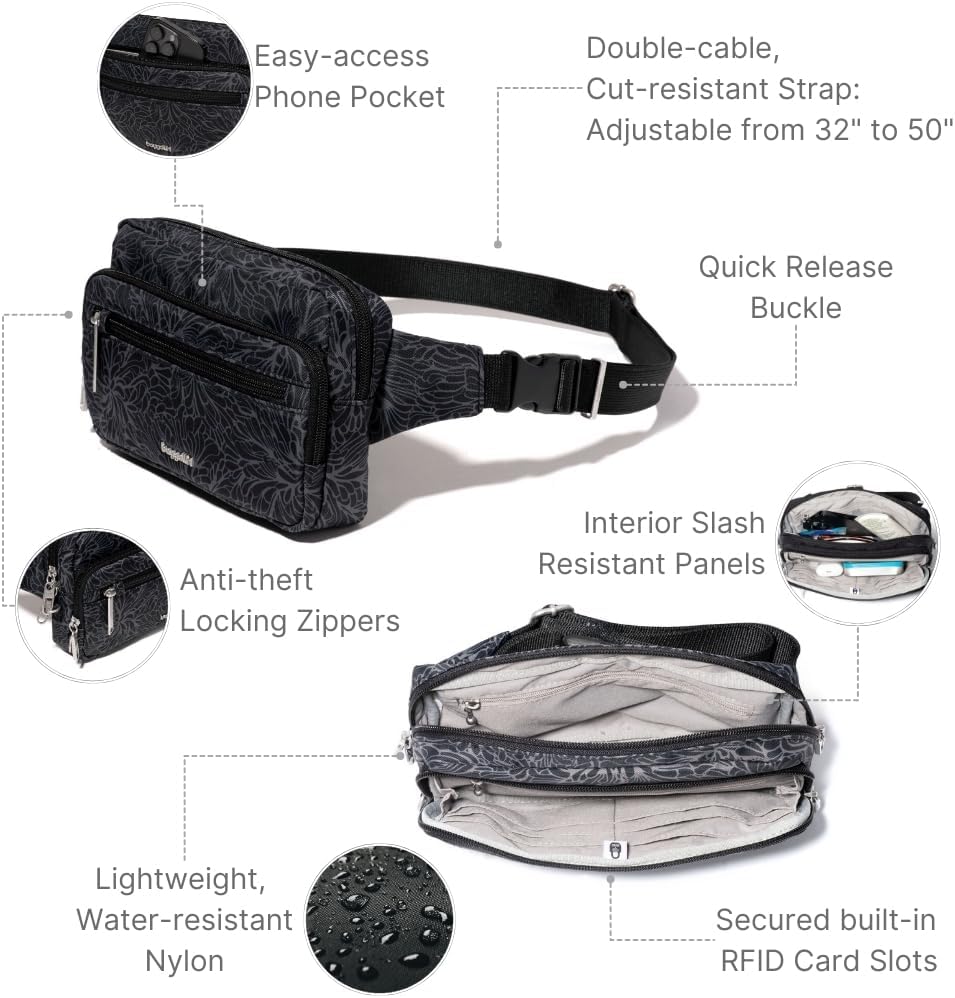 Baggallini Securtex Anti-Theft Belt Fanny Pack for Women RFID Wallet Locking Zipper-Travel Bag Crossbody Purse