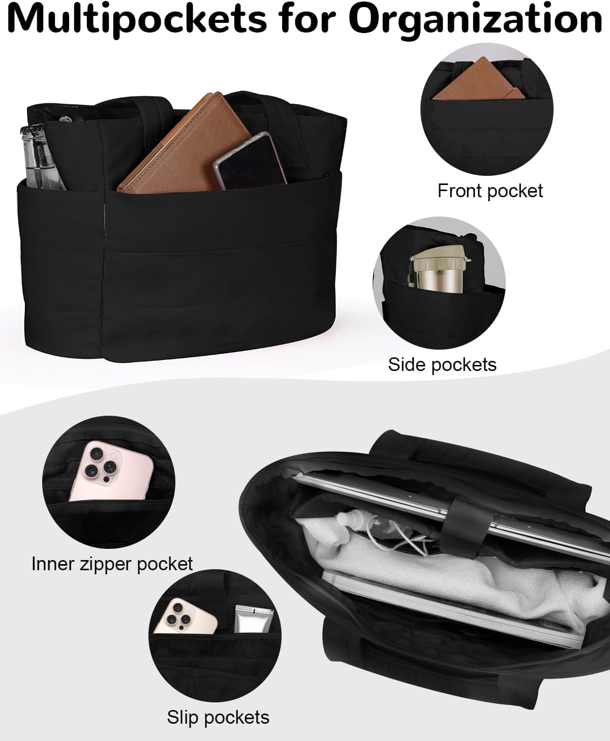 Puffer Tote Bag with Zipper for Women, Lightweight Quilted Handbag with Laptop Compartment for Work Nurse