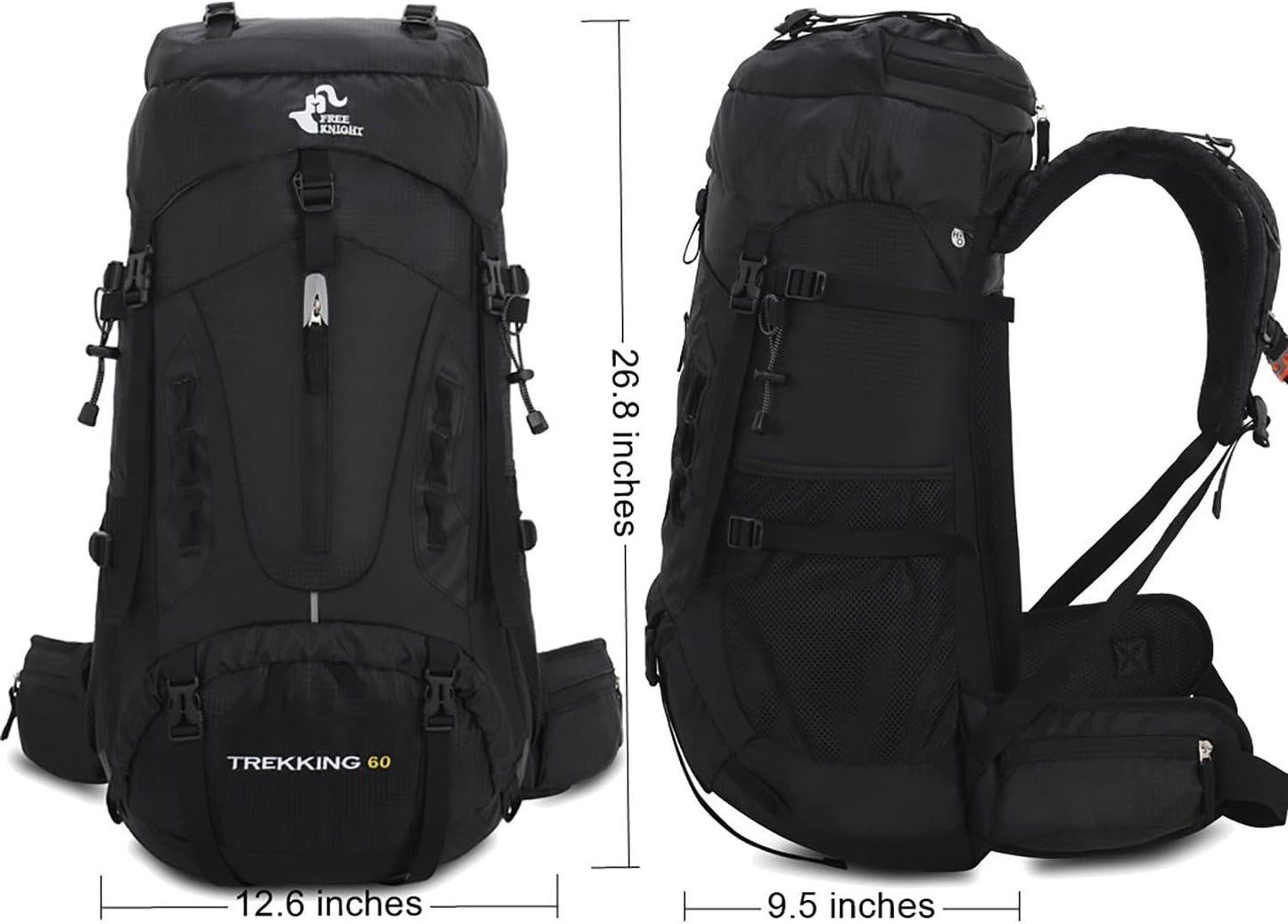 Bseash 60L Hiking Camping Backpack with Rain Cover, Waterproof Large Capacity Outdoor Sport Travel Daypack Climbing Touring (Black)