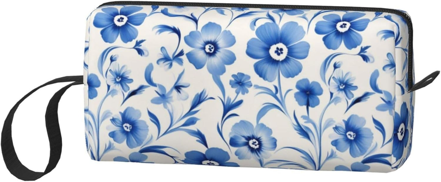 Blue Elegant Flower Makeup Bag Small Compact & Durable Travel Cosmetic Bag Organizer Oxford Fabric Multi-Purpose Storage Perfect for Travel, Gym, Daily Use