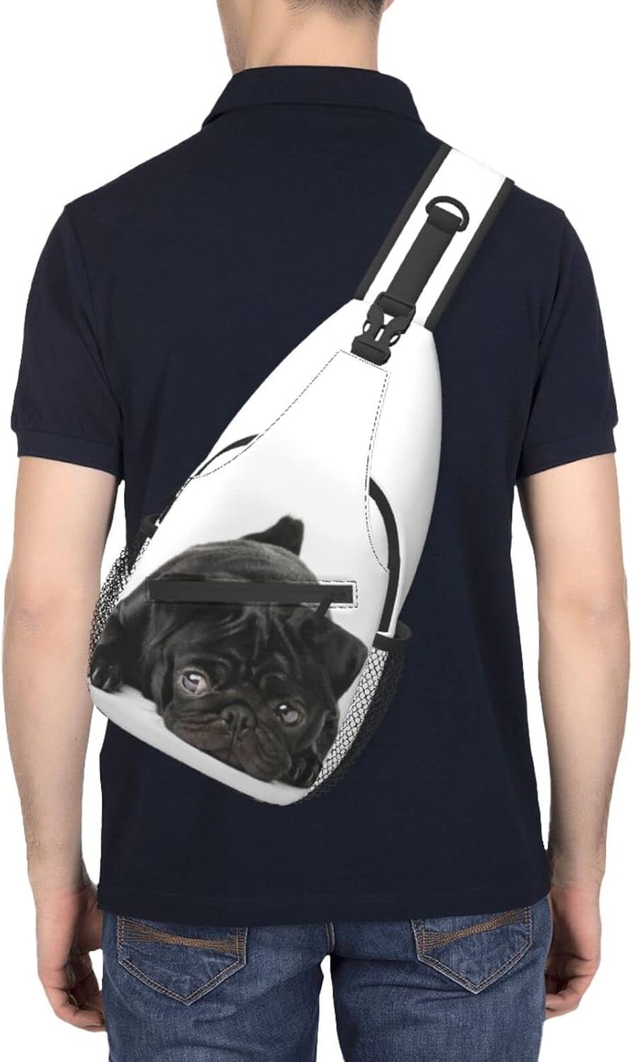 bassyil Black Pug Dog Sling Bag Crossbody Travel Hiking Chest Backpack Shoulder Daypack for Women Men