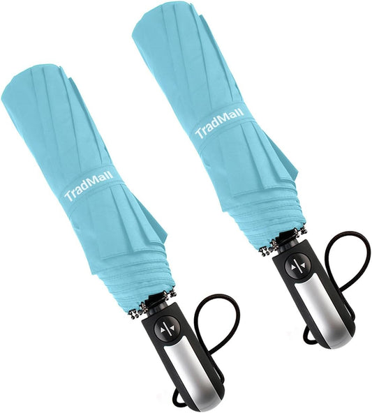 TradMall 2 Pack Travel Umbrella Windproof 46/56 Inches Large Canopy Reinforced Fiberglass Ribs Auto Open & Close