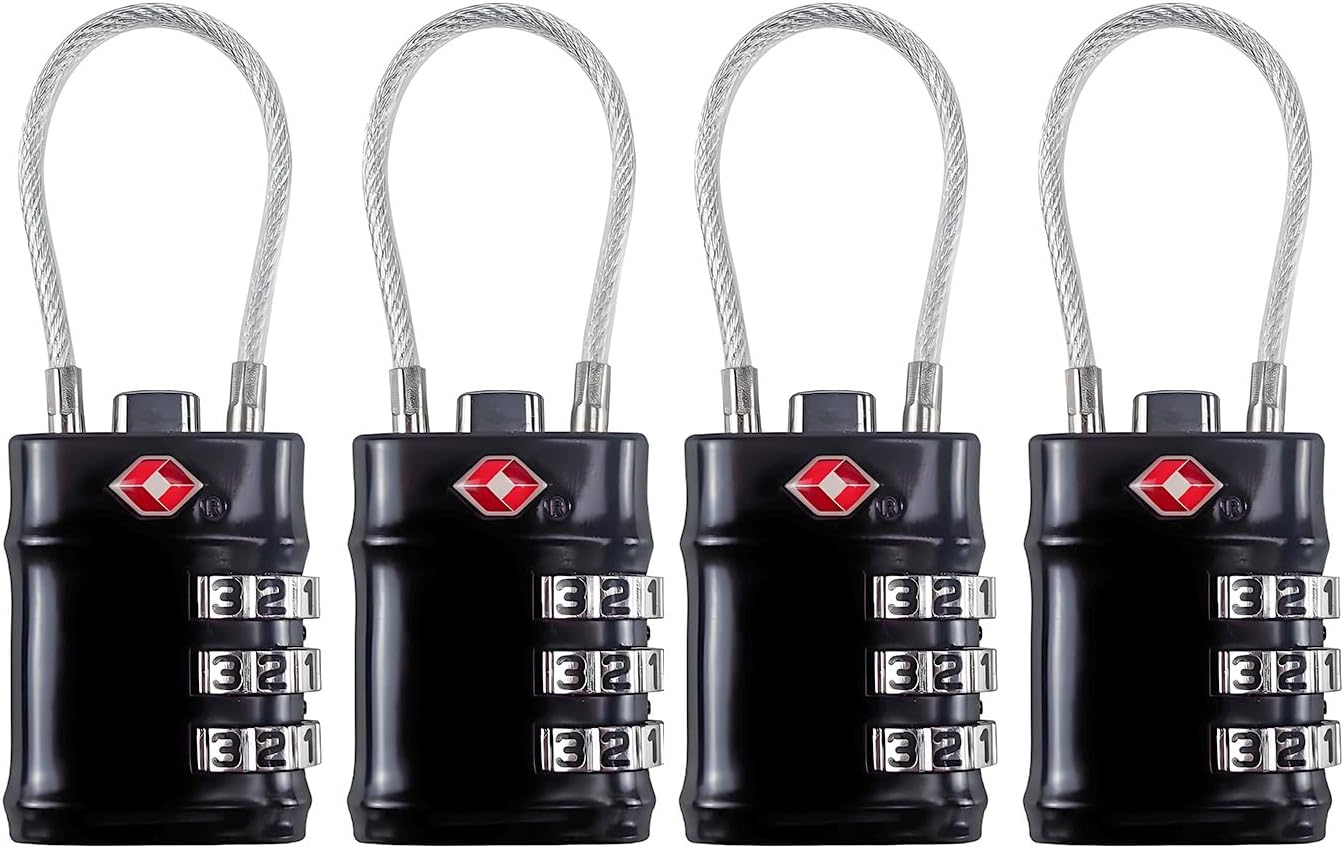 TSA Approved Cable Luggage Locks, 3 Digit Combination Padlocks, Travel Lock for Suitcases Bag, Alloy Body, Travel Accessories (Black 4 Pack)