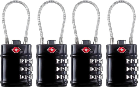 TSA Approved Cable Luggage Locks, 3 Digit Combination Padlocks, Travel Lock for Suitcases Bag, Alloy Body, Travel Accessories (Black 4 Pack)
