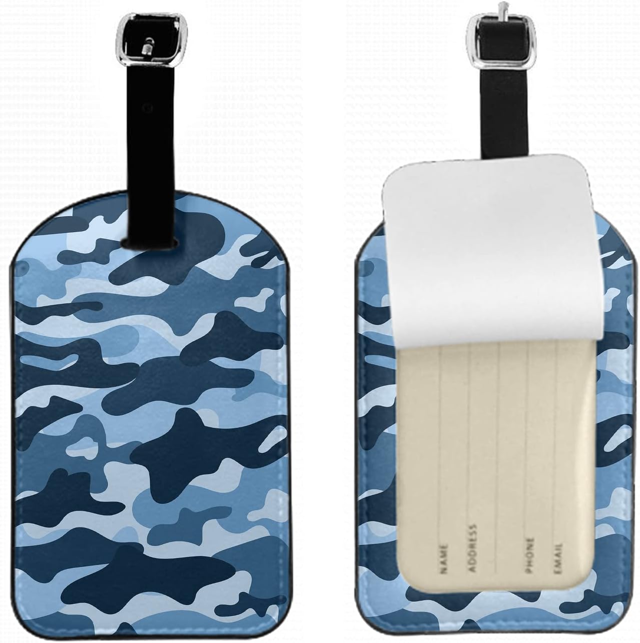 Blue Camouflage Leather Suitcase Tags Identifiers Retro Ocean Design Camo Pattern Navy Blue Leather Luggage Bag Case Tags with Name ID Card for Travel Bags Schoolbag Handbag Lunchbox, 1 Pack