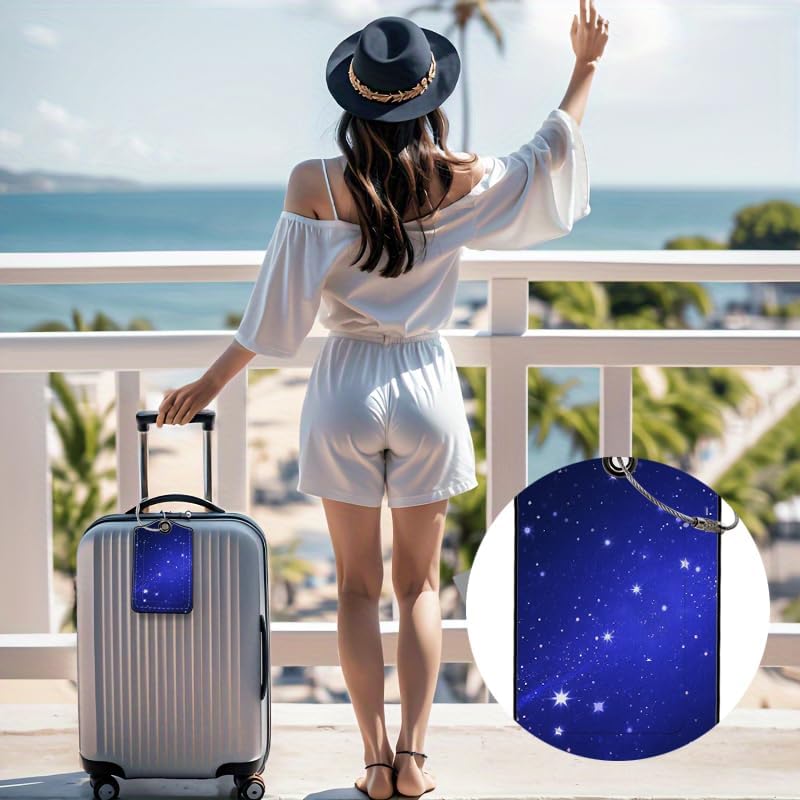 Starry Night Sky Leather Luggage Tags for Suitcases, 2 Pack Travel Bag Tags with Privacy Cover ID Label with Stainless Steel Loop for Women Men Girls Backpack Gift (Blue Purple)