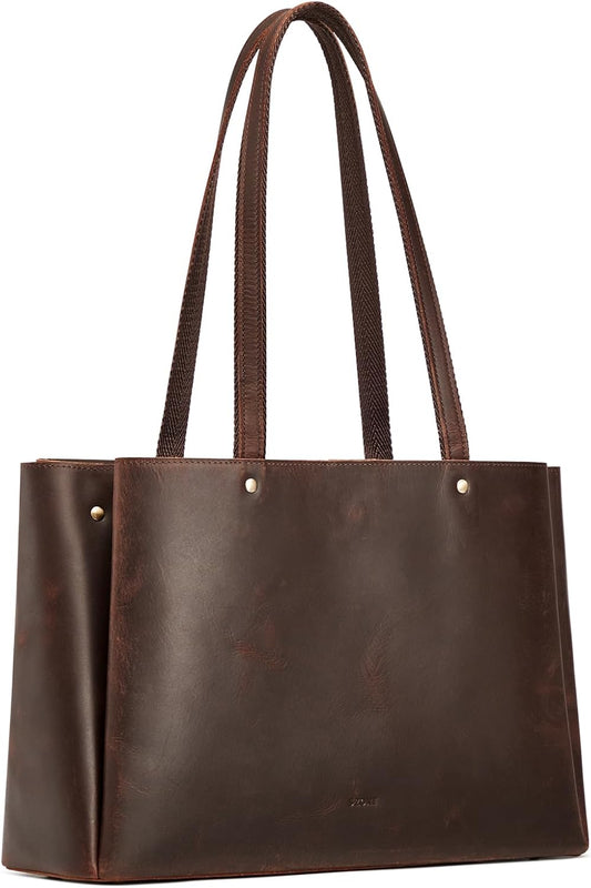 S-ZONE Genuine Leather Tote Bag for Women Work Large Shoulder Handbag with Zipper Compartment for Travel Professional